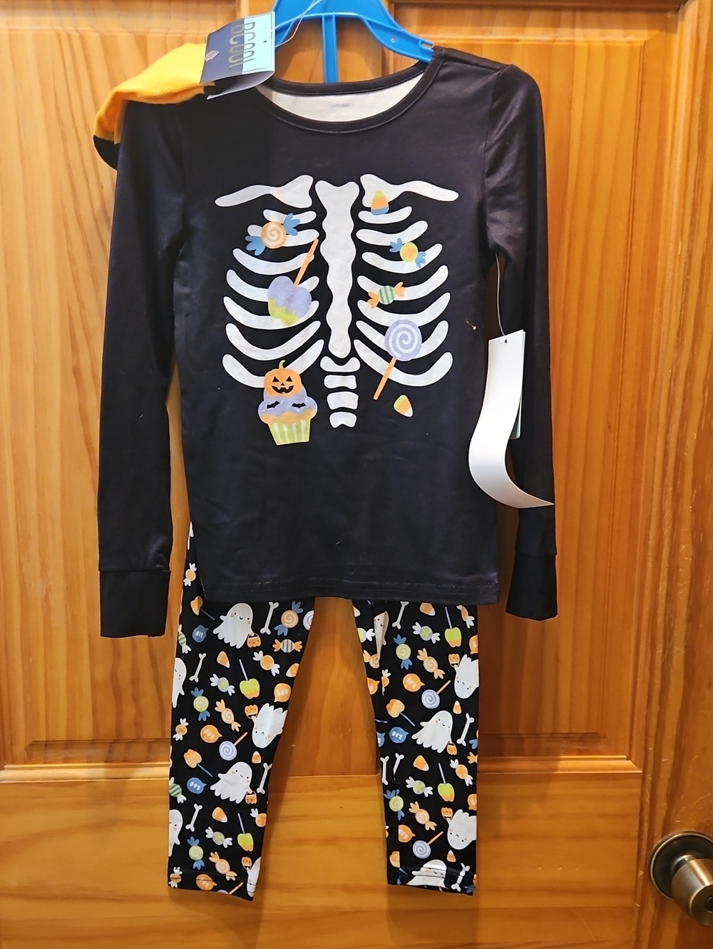 Kids Black Halloween Skeleton Pajama Set with Candy Print